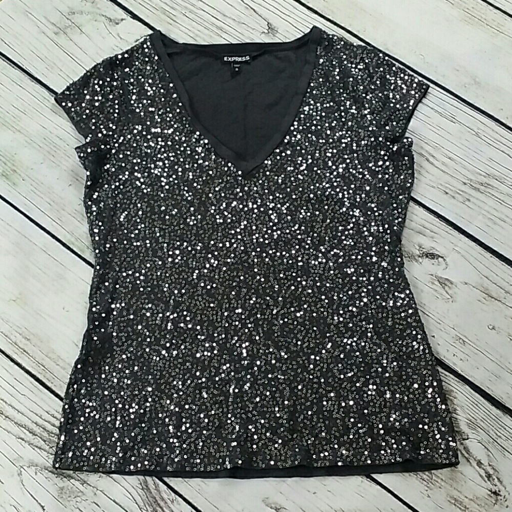 Express Sequined V Neck Tee